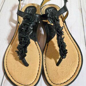 🌺 B.O.C Born Women’s Black Leather Floral Thong Slide Sandals | Size 7 | Comfor